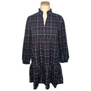 SweetHoney Women's Navy Blue Plaid Long Sleeve Ruffle Mock Neck Dress, Medium